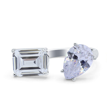 14K White Gold Open Teardrop Pear Emerald Cut Wedding Bridal Simulated Cubic Zirconia Cocktail Ring Size-7